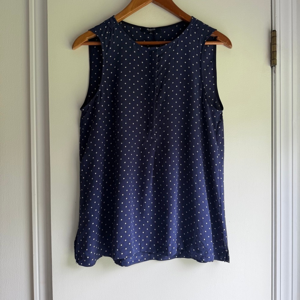Madewell Womens Navy Blue 100% Silk Star Polka Dot Sleeveless Blouse F0325 S